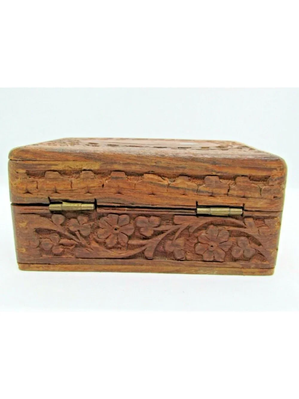 Vintage Hand Carved Floral Ivy Wooden Trinket Box India 5x3x2